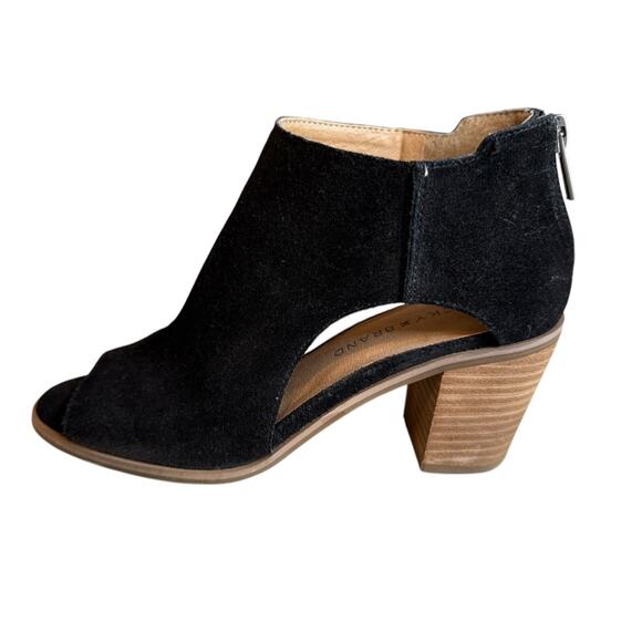 Lucky Brand Suede Keight Open Toe Cut out Ankle Booties Black 6.5 - Picture 1 of 7